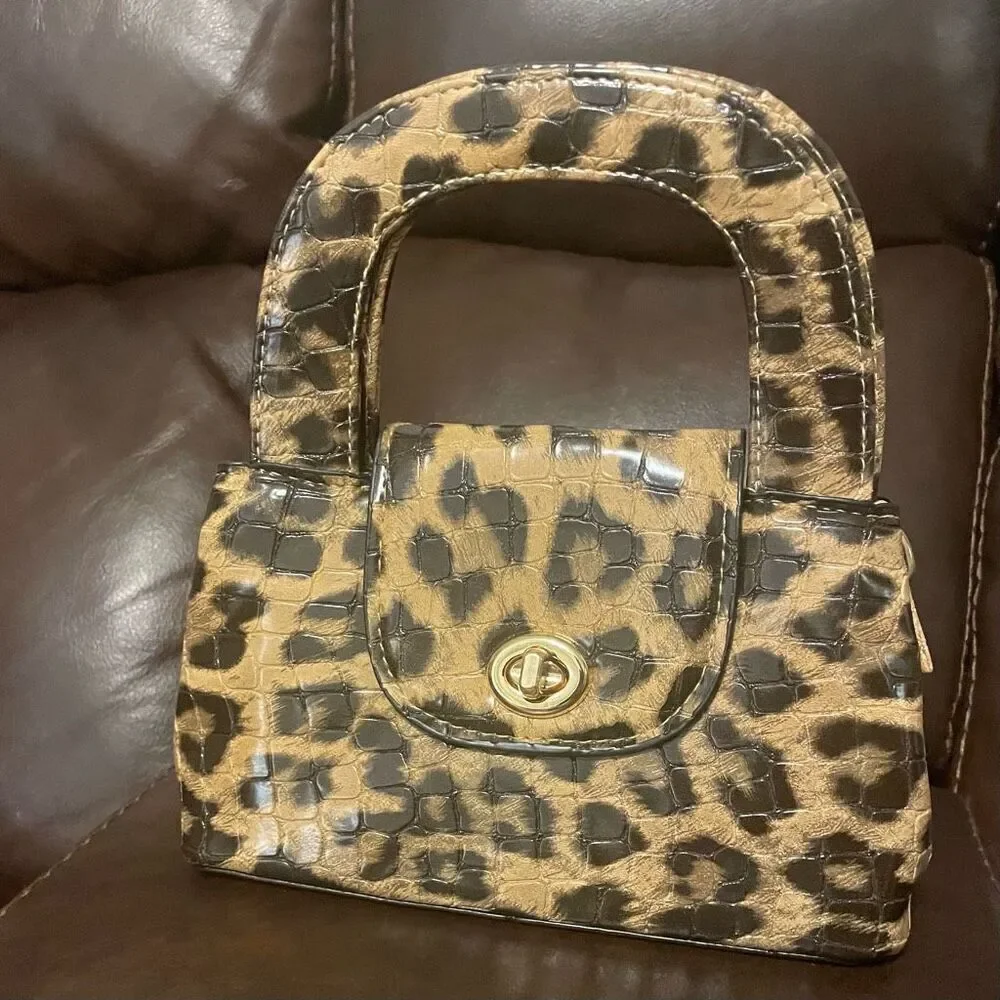 Leopard Mini Satchel Bag with Lock Closure and 41” Crossbody Strap NWOT